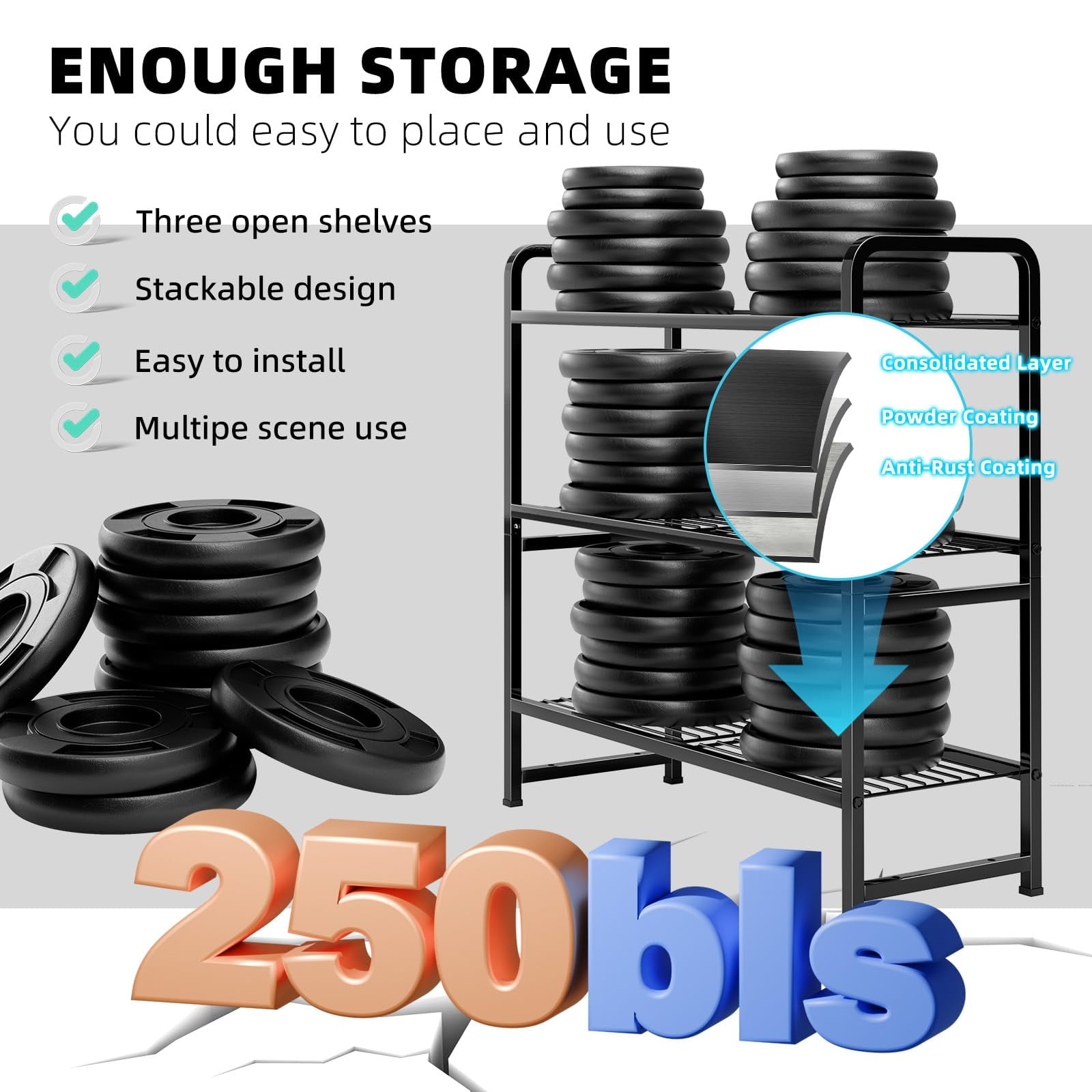 3-Tier 30" Wide Wire Shelving Unit Heavy Duty Metal Storage Shelves, 250 lb Load Capacity, Black