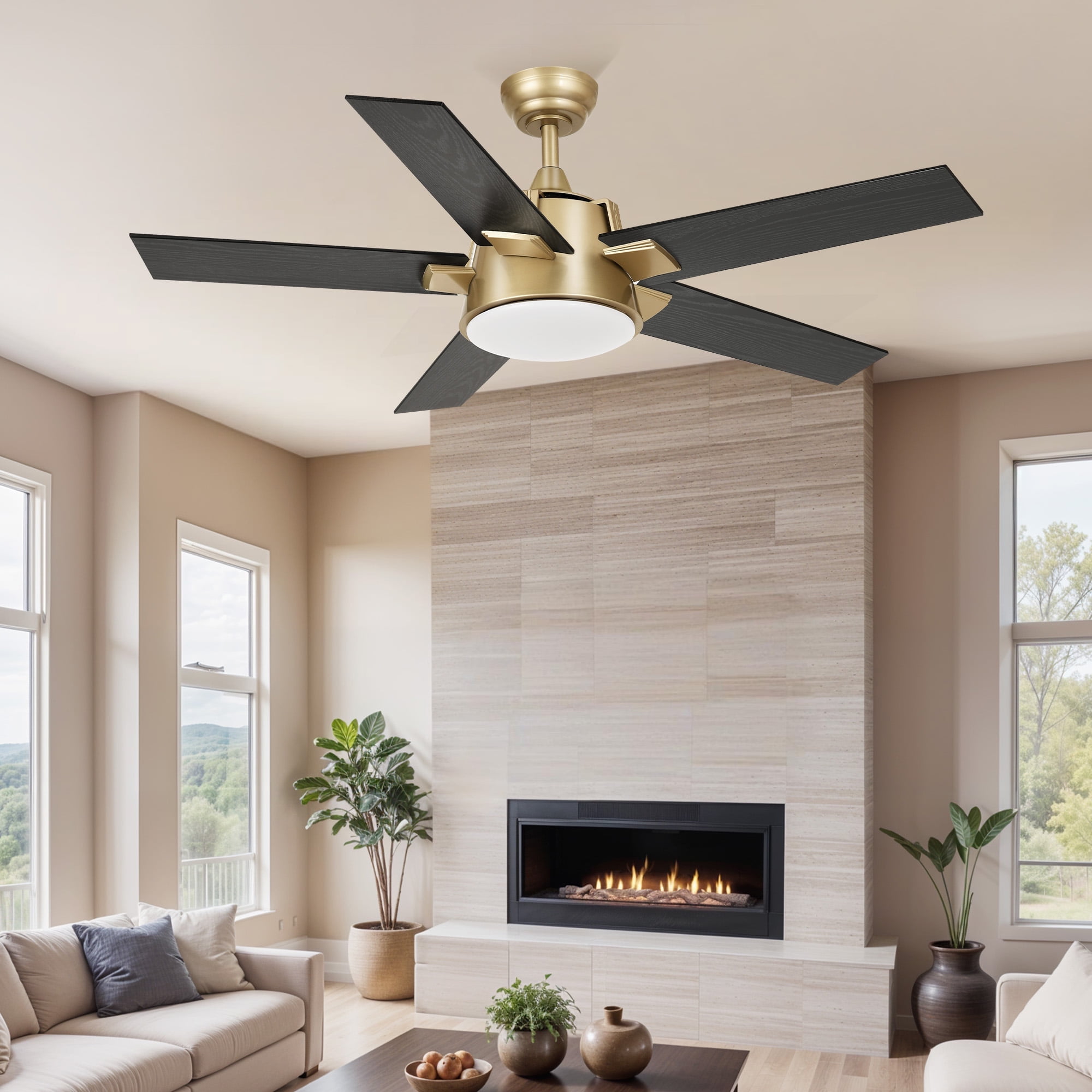 ModFusion 52-Inch LED Ceiling Fan with Remote, Dimmable Lights, 6-Speed, Gold & Black Wood Grain, Timer, Reversible Function, Wall Control