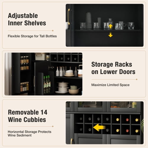 70.87" Tall Wine Bar Cabinet with Glass Doors, Modern Liquor Cabinet with Removable 14-Bottle Wine Rack & Built-in Door Shelves, High-Capacity Home Bar Storage Cabinet, Black