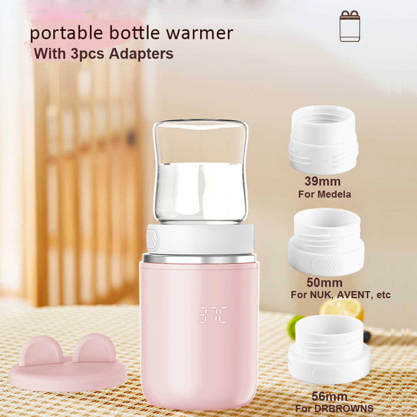 YAHHU Portable Baby Milk Bottle Warmer, Wireless Travel Breastmilk Heater with 8800mAh Battery, 4 Temp Settings, Night Light & 3 Adapters, 3.2x5in / 81x126mm, Pink