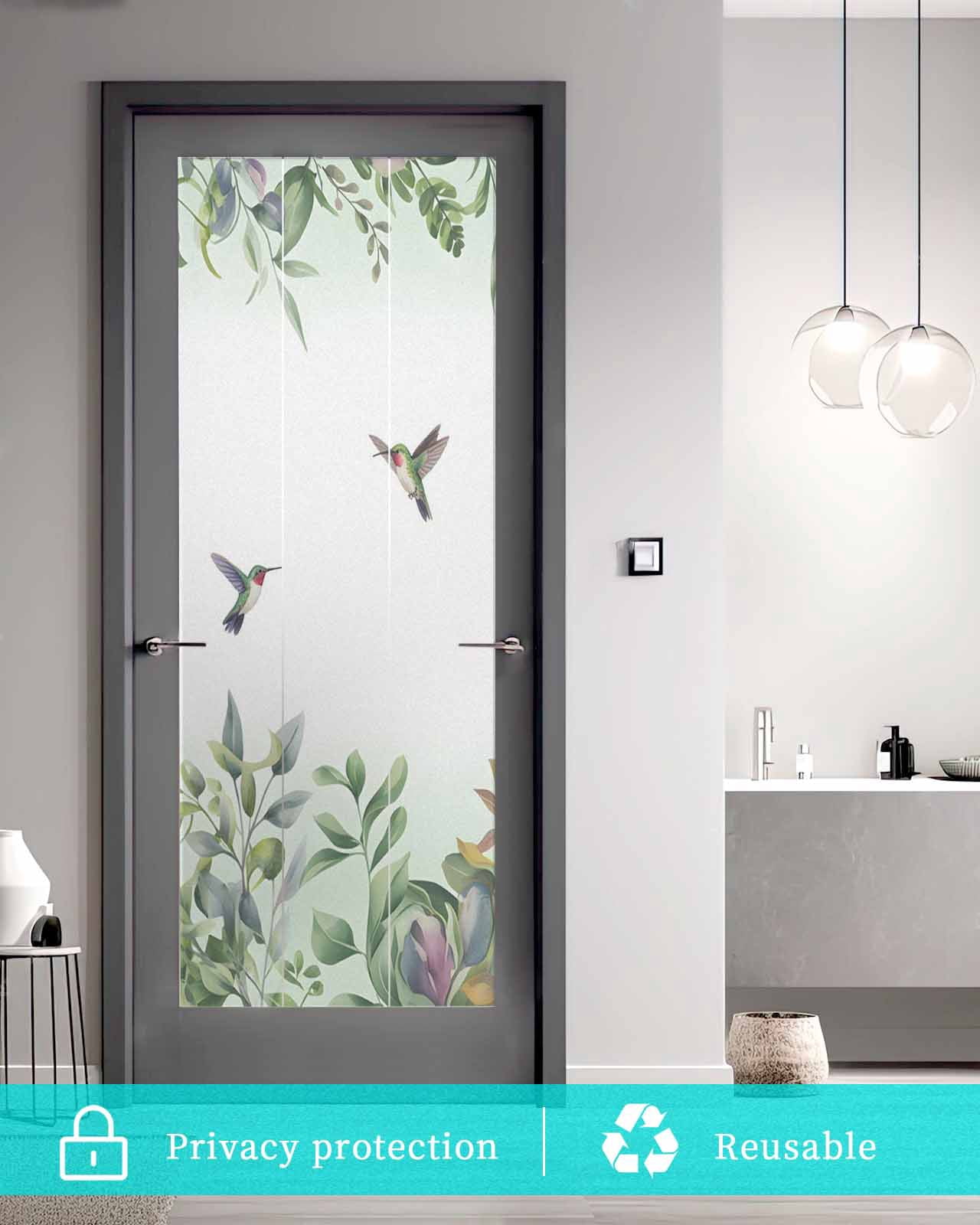 Window Privacy Film Leaf Bird Stained Glass Window Film Decorative Sun Block Window Cover Sage Greeen Botanical Watercolor Plant Window Clings Static Adhesive Sticker for Bathroom 23.6"x59"