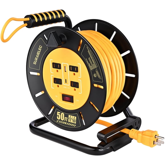 SURAIELEC 50 FT Retractable Extension Cord Reel, 12AWG Heavy Duty Power Cord with Handle Rewind, 4 Grounded Outlets, USB-A & USB-C Ports, 15A Circuit