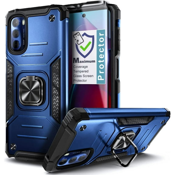 Nagebee Case for Motorola Moto G 5G (2022) with Tempered Glass Screen Protector (Full Coverage), Full-Body Protective [Military-Grade] Magnetic Car Mount Ring Holder, Heavy-Duty Durable Case (Blue)