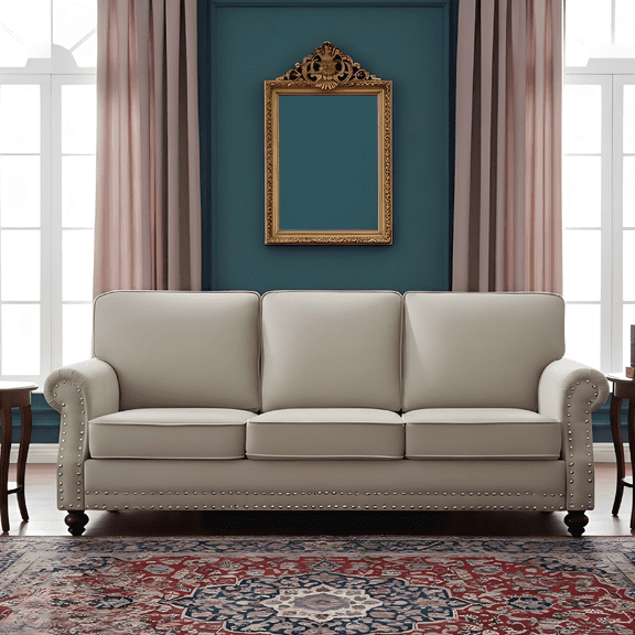 3-Seater Traditional Velvet Sofa, Nailhead Trim Upholstered Couch With Solid Wood Turned Legs For Living Room Decor