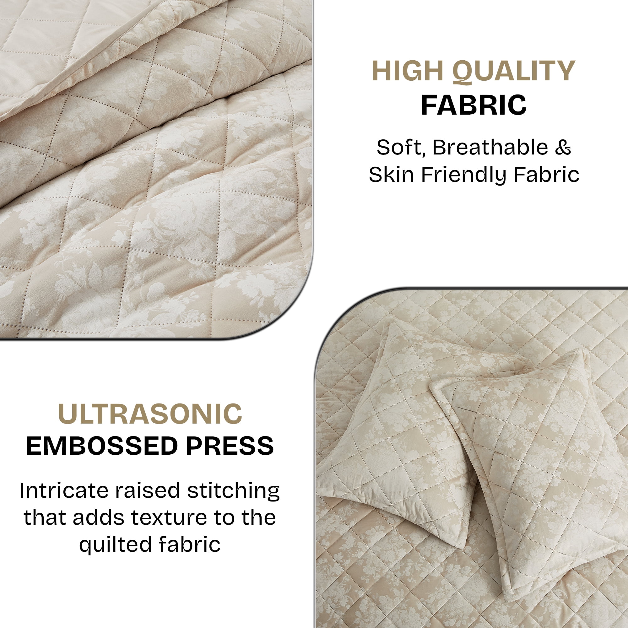 Ameha 3-Piece Velvet Quilt Set Floral Diamond Pattern Ultrasonic Embossed Bedspread Reversible Lightweight Microfiber Coverlet King Size Beige