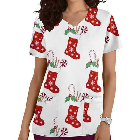 

jsaierl Christmas Scrub Tops for Women Short Sleeve Christmas Print Nurse Uniform Funny Crewneck Shirt Oversized Tees Blouse Top Christmas Gifts for Women