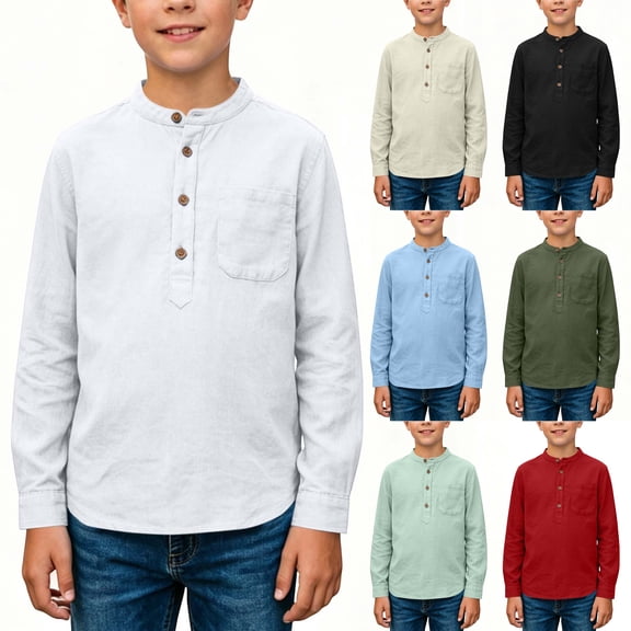 Asxite Boys Solid Tops Crew Neck Long Sleeve Button Soft Breathable Cotton Linen Casual Fall Tee