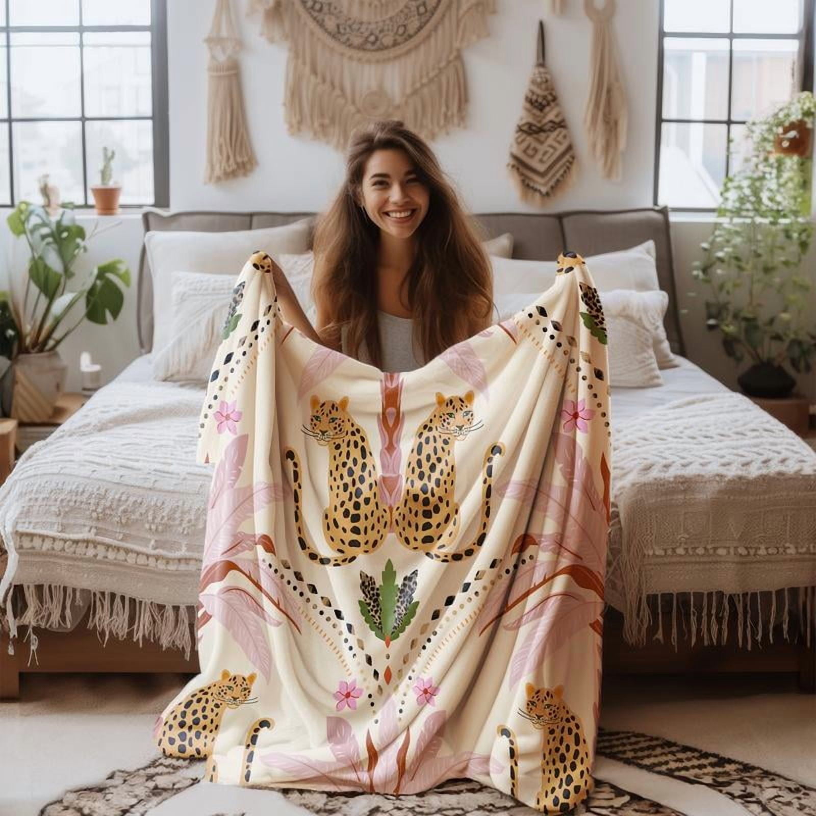 Bohemian Leopard Flannel Blanket, Leopard Pattern Blanket, Soft Warm Sofa Bed Throw, Lightweight Travel Camping Office Chair Cover, Ideal Gift for Home Comfort