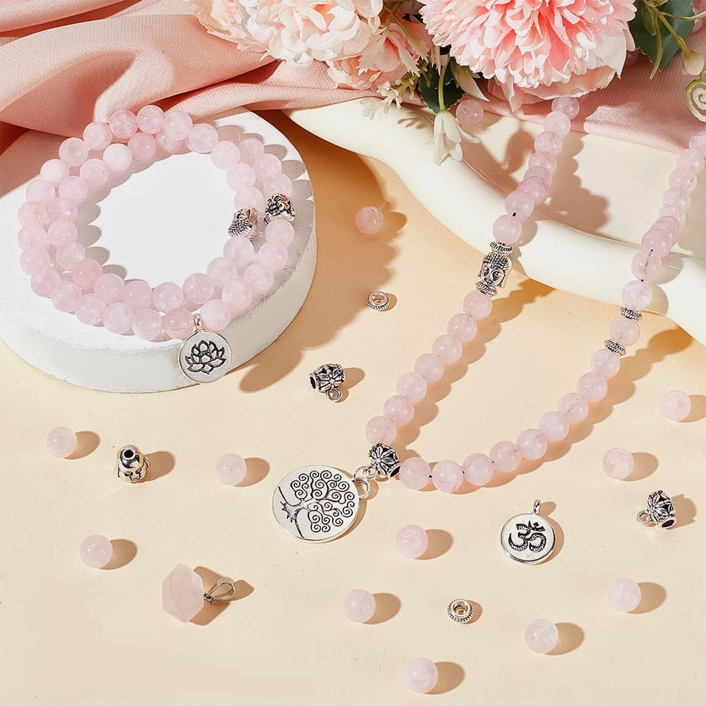 235 Pcs 8mm Natural Rose Quartz Beads Bracelet Making kit Beads Kit for Jewelry Making Rose Quartz Pointed Pendants with Tree&Head Pendants for Jewelry Necklace Making Kits