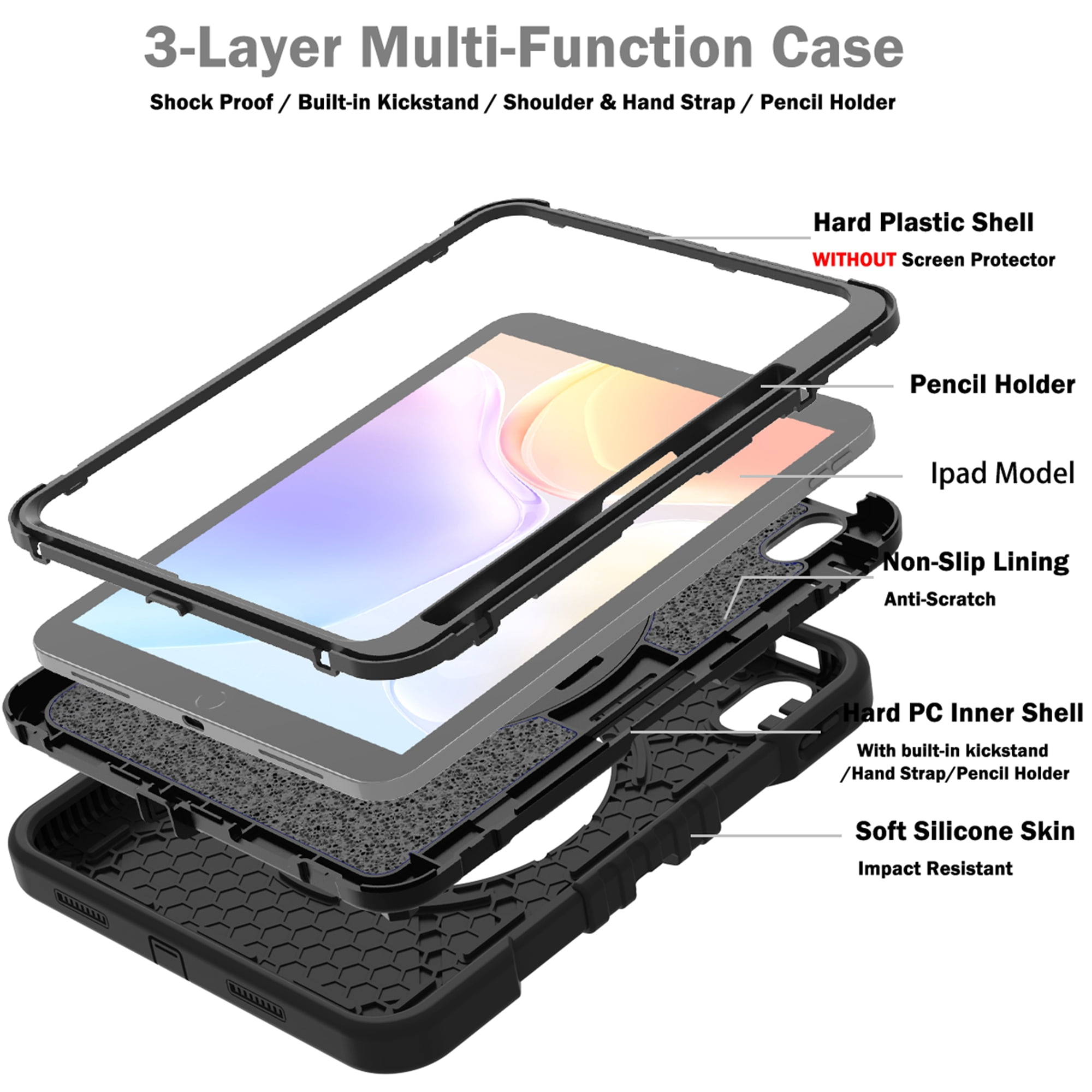 Dteck Kids Case for iPad 10th Generation Case 2022, Military Grade Shockproof Rugged Cover for iPad 10th Gen 10.9 Inch with 360° Swivel Stand - Handle - Shoulder Strap - Pencil Holder,Black
