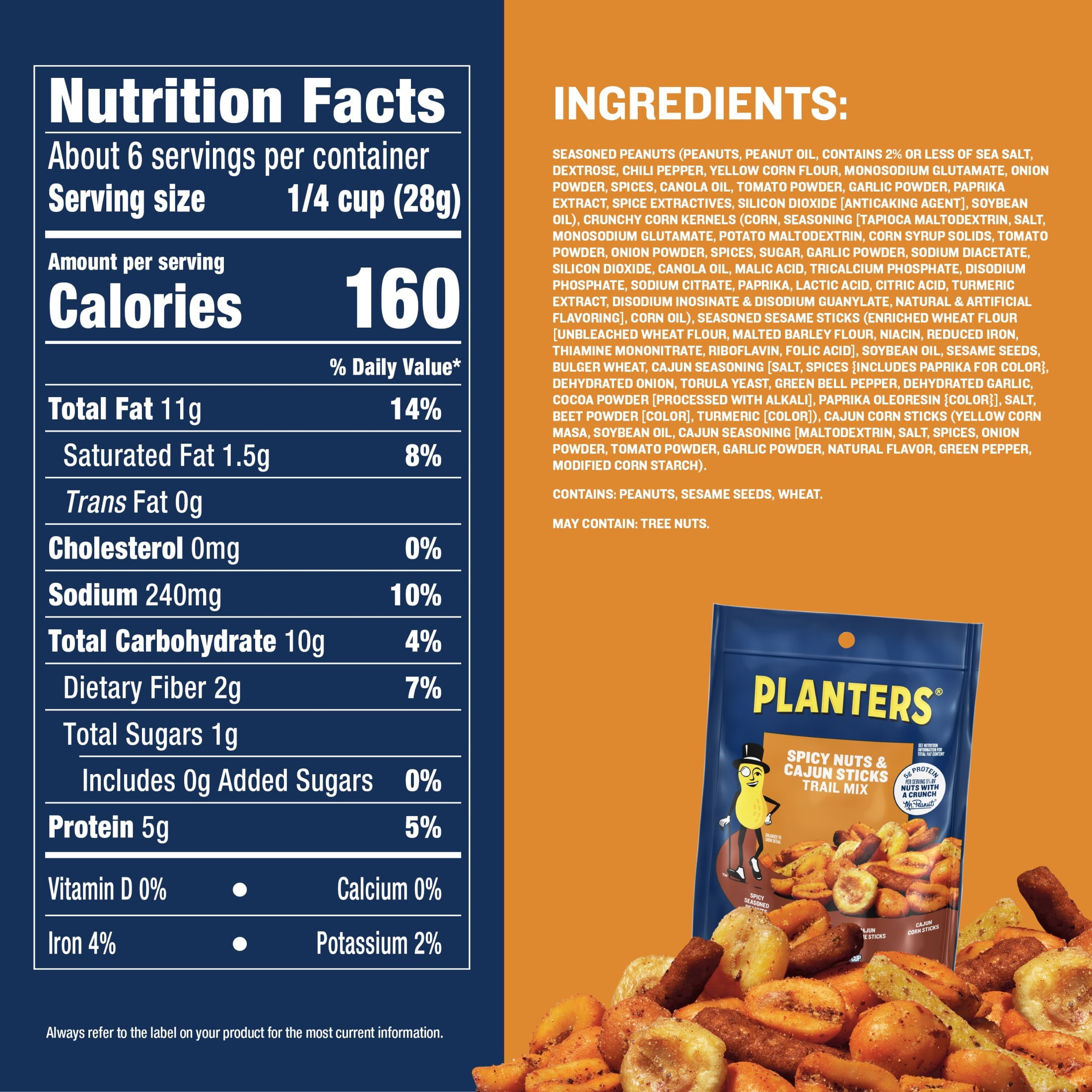 (6 pack) PLANTERS Spicy Nuts and Cajun Sticks Trail Mix with Spicy Peanuts, Plant-Based Protein, 6 oz Plastic Resealable Bag