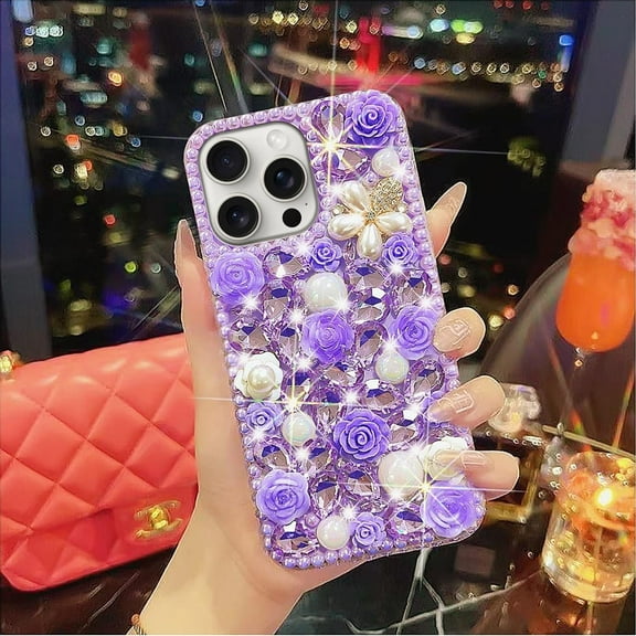 Compatible with iPhone 15 Pro Max Case for Girl Women,Shiny Luxury Bling Phone Case with Glitter Sparkle Crystal Rhinestone Diamond Gems on Hard Back,Soft Edge Cover 6.7"-Purple
