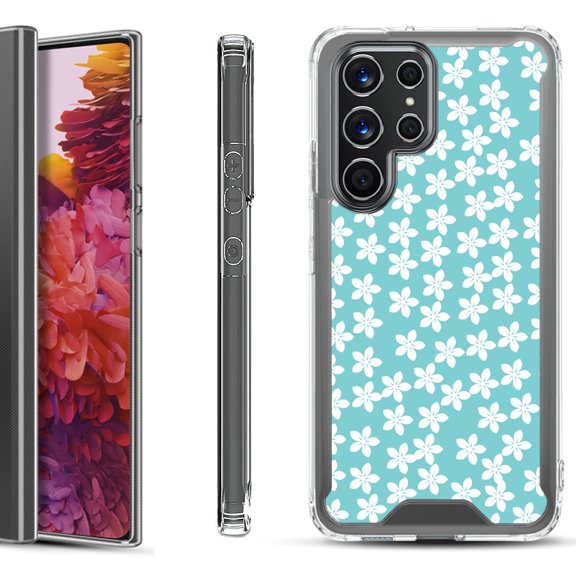 Shockproof Bumper Phone Case for Samsung Galaxy S22 Ultra 5G, by OneToughShield ® - Flower/Teal