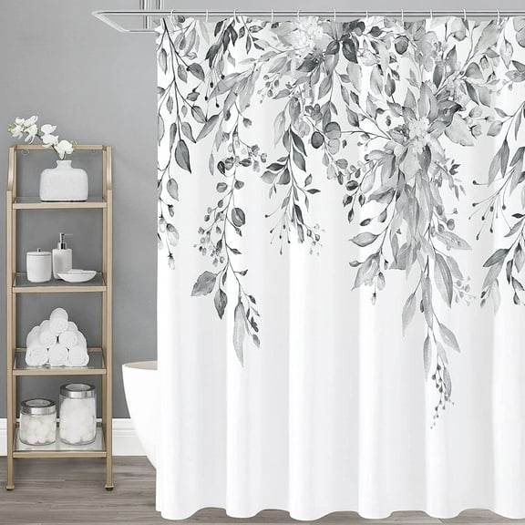 Grey Eucalyptus Shower Curtain, Watercolor Plant Leaves with Floral Bathroom Shower Curtain Set with Hooks, Gray White, 72x72