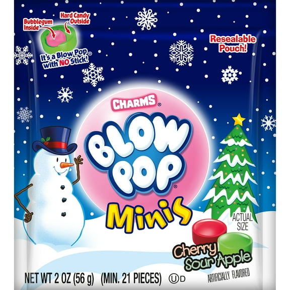 Charms, Blow Pop Mini, Christmas 2 oz Pouch, Peanut Free, Gluten Free. Milk & Soy may be present.