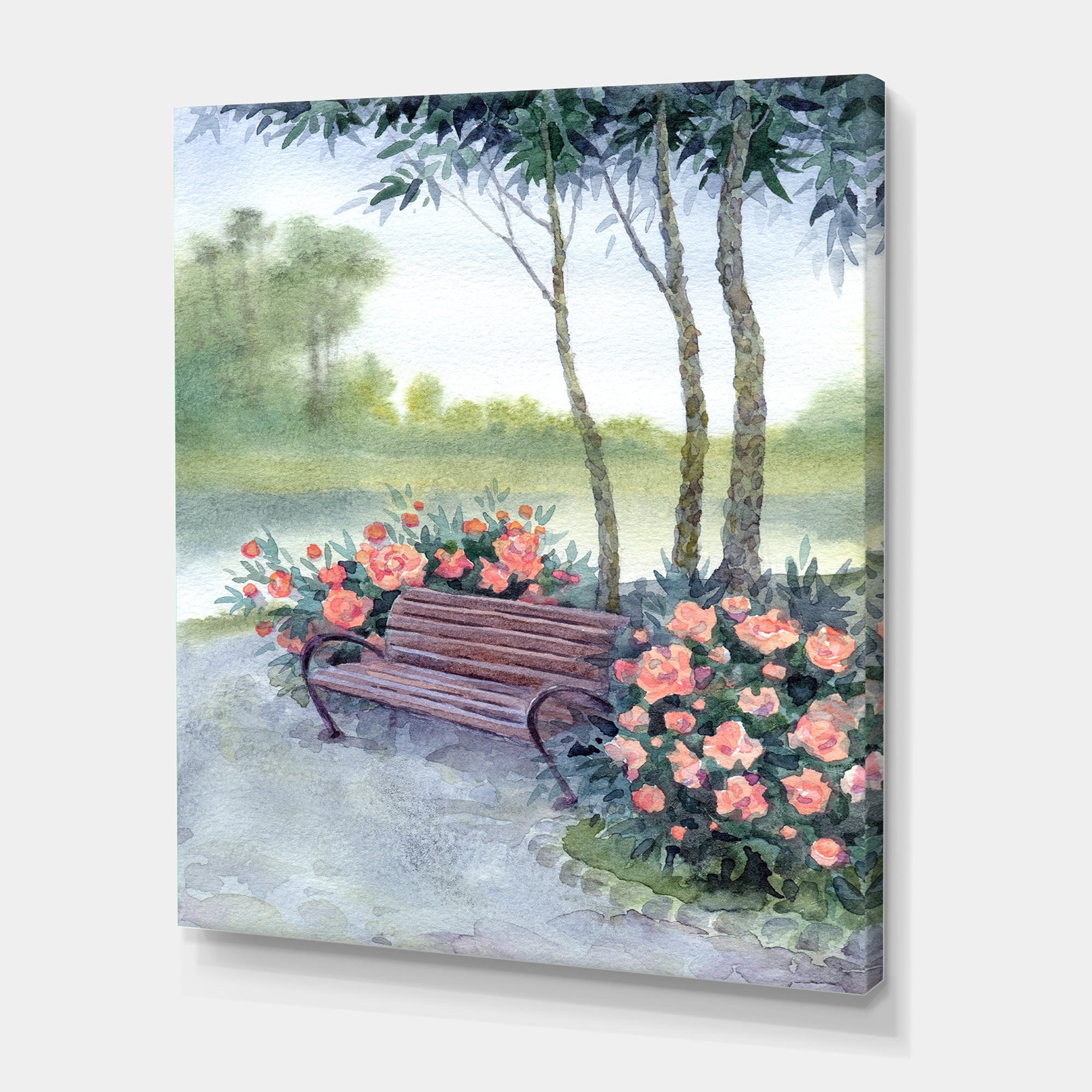 Designart ' Bench In Park By The Pions Flowers Bushes ' Traditional Canvas Wall Art Print