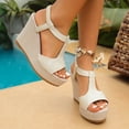 thumbnail image 4 of Hurxie Women's Low Wedge Heels Summer Dressy Platform Sandals Elastic Ankle Strap Open Toe Flower Shoes Beige 9, 4 of 8