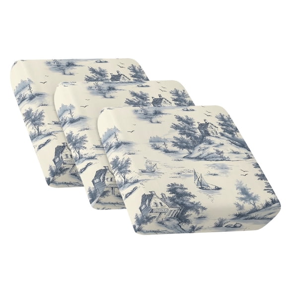 COEQINE Stretch Couch Cushion Cover Fitted Sectional Sofa Slipcover with Elastic Bottom Armchair Couch Cover Replacement Furniture Protector, 3 Pieces, Vintage Coastal Seaside