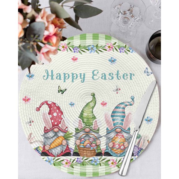 13 Inch Round Placemats Set of 6, Easter Non Slip Heat Insulation PP Table Mats, Funny Bunny Ear Gnomes Colorful Eggs Flowers Plaid Washable Place Mats for Kitchen Dining Party Table Decor