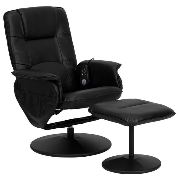 Flash Furniture Cason Massaging Adjustable Recliner with Deep Side Pockets and Ottoman with Wrapped Base in Black LeatherSoft