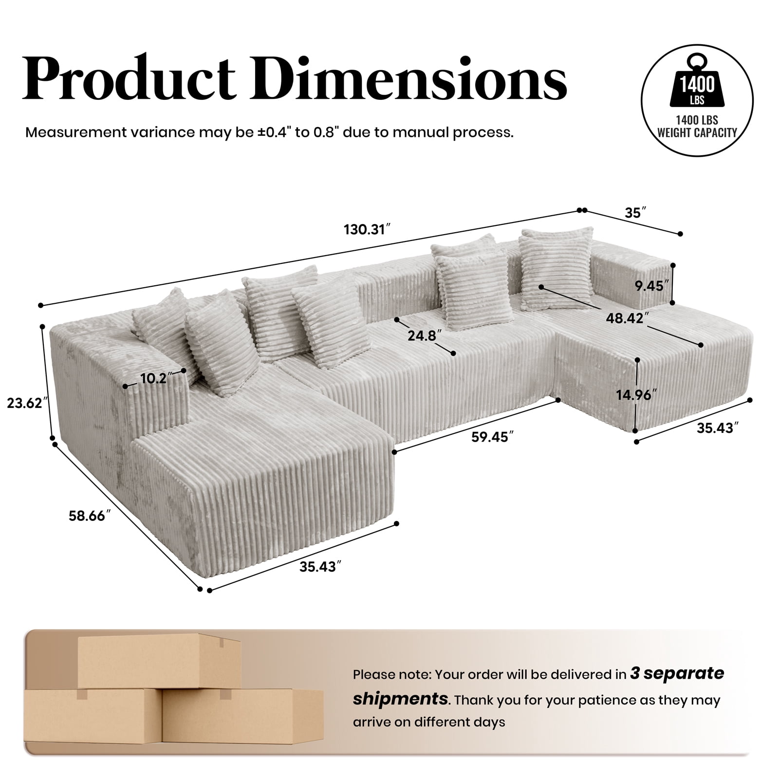Kelyda 130'' U Shaped Sectional Couches, Modern Deep Seat Foam Boneless Cloud Sofa for Living Room Beige