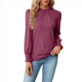 thumbnail image 2 of Camiseta Holgada Informal de Larga con Cuello Redondo para Mujer, Color Liso, con Encaje y Mangas Farol, para Otoño e Invierno Vino Tinto S, 2 of 10