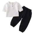 thumbnail image 3 of GYRATEDREAM Toddler Baby Boy Clothes Solid Color Cotton Linen Long Sleeve Henley Shirts and Pants Set 2Pcs Summer Outfits for 6M-7Y, 3 of 5