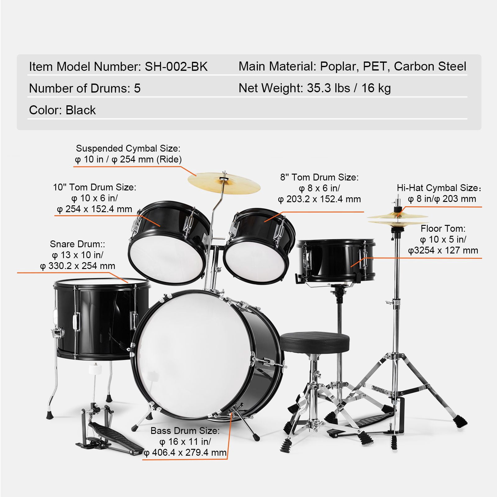 Kids Drum Set, 5-Piece, 16 in Beginner Full Drum Set with Bass Toms Snare Floor Drum Adjustable Throne Cymbal Hi-Hat Pedal and Two Pairs of Drumsticks, Starter Drum Kit for Child Kids, Black