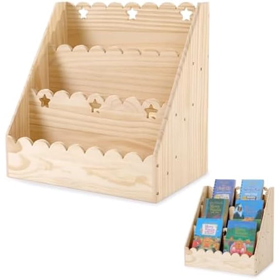 Kids Book Shelf with Star Cutouts and Scalloped Edges, 3-Tier Wooden Bookcase for Kids Ages 1-5, Sturdy Book Organizer & Display for Nursery, Playroom, and Bedroom, 16.5"x10.6"x16.5"