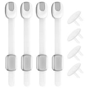 4 Pcs Child Safety Locks, Length Adjustable, Baby Proofing Latches for Cabinet, Drawer, Toilet, Refrigerator, Oven, Dresser and More, Strap Design, Strong Adhesive(4 Locks & 4 Outlet Plug Covers)