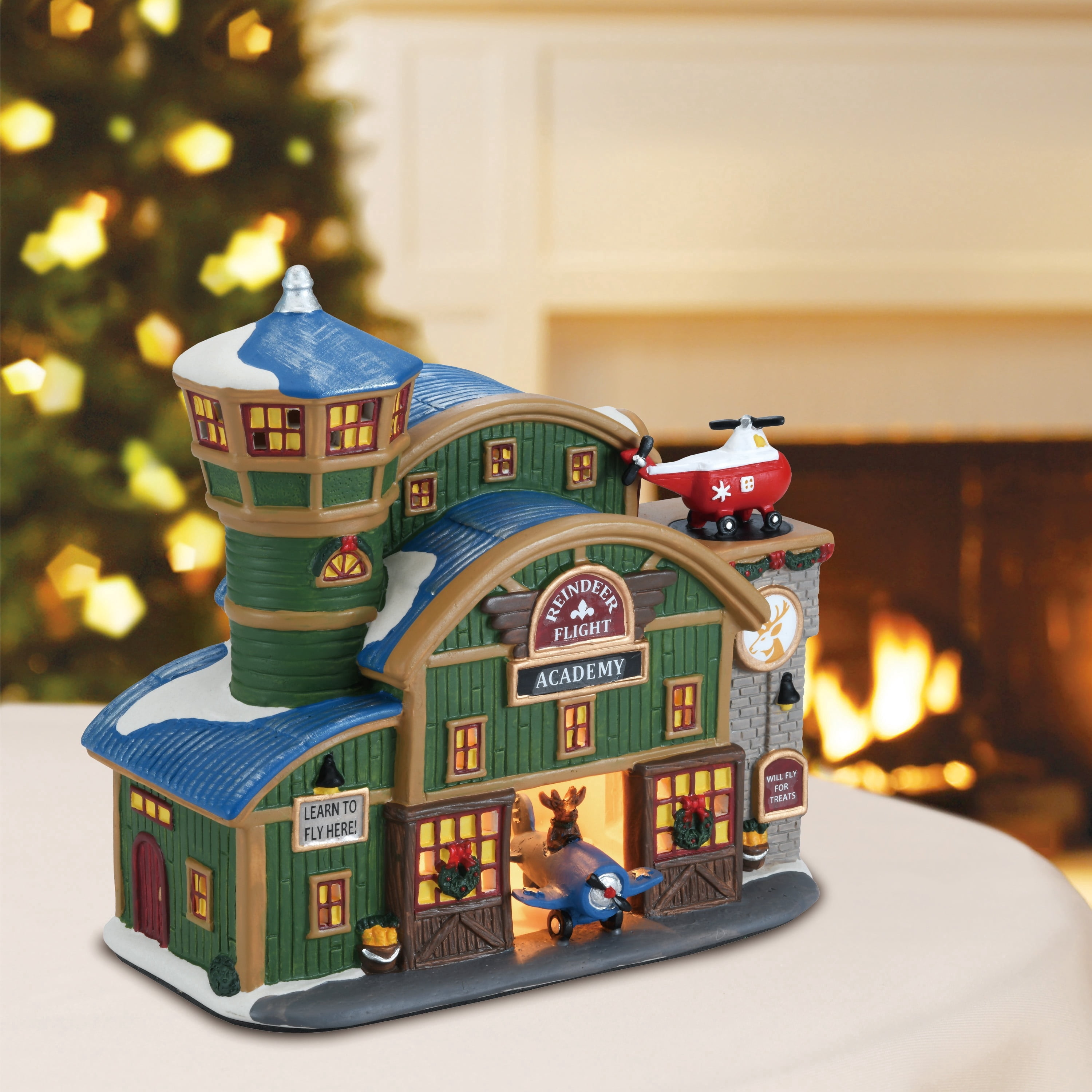 Light-Up Porcelain Reindeer Academy Christmas Village Building, Multicolor, 8", by Holiday Time