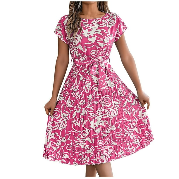 Vestido Corto de Verano Elegante Estampado Cintura Grande Doblado Plisado, Cuello en V de la Mitad de la Manga para el Uso Diario, de Primavera Y Casual
