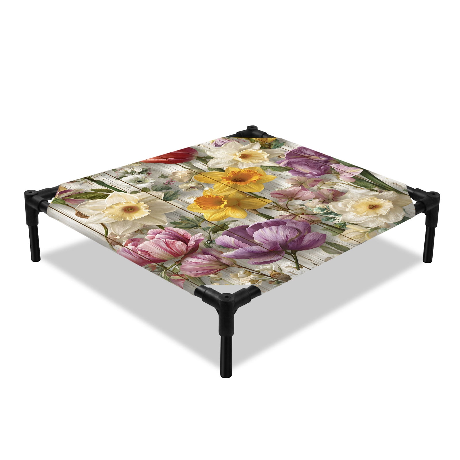 Spring Floral Elevated Dog Bed Colorful Country Flowers Green Leaves Wood Grain Cooling Breathable Outdoor Raised Dog Cot Bed with Metal Frame Non-Slip Feet for Small Dog 20x20in