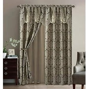 Sapphire Home Fancy Jacquard Window Drape Curtain Panels Set with Attached Valance, Sheer Backing, 2 Tassels, Elegant Damask Floral Pattern, Drape set for Living & Dining Rooms, Scarlett, 84, Taupe