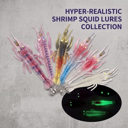 Soft Plastic Shrimp Lure Squid Jig Artificial Bait with Squid Hooks for Saltwater Fishing Beginner Anglers 4.3 Inch Pink Glow Eye Simulation Fishing Accessory