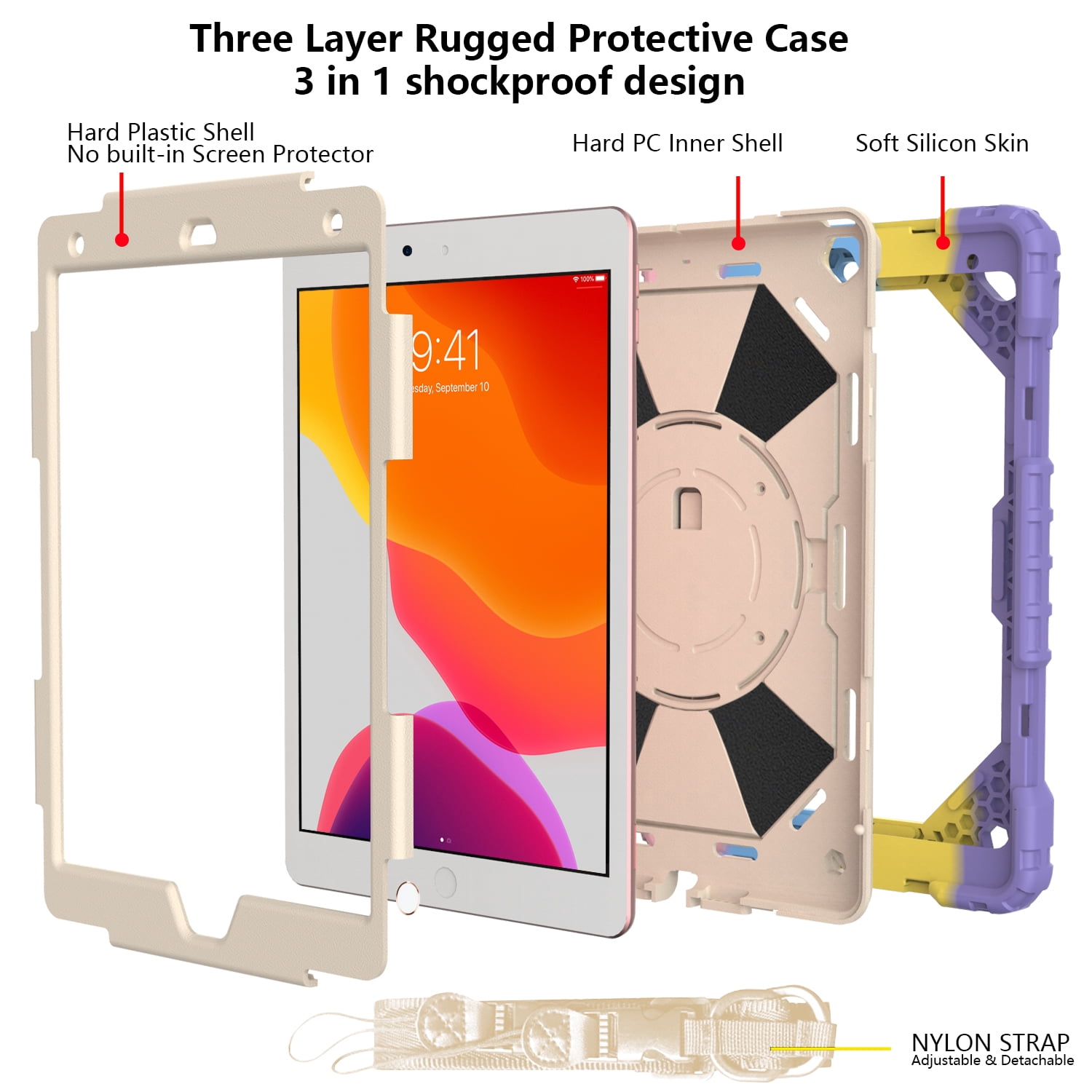 Case for iPad 9.7-inch 2018/2017, iPad Air 2 Case, iPad Pro 9.7 Cover, Kids Shockproof Rugged Hybrid 360 Rotating Stand Cover with Hand Shoulder Strap/Pencil Holder