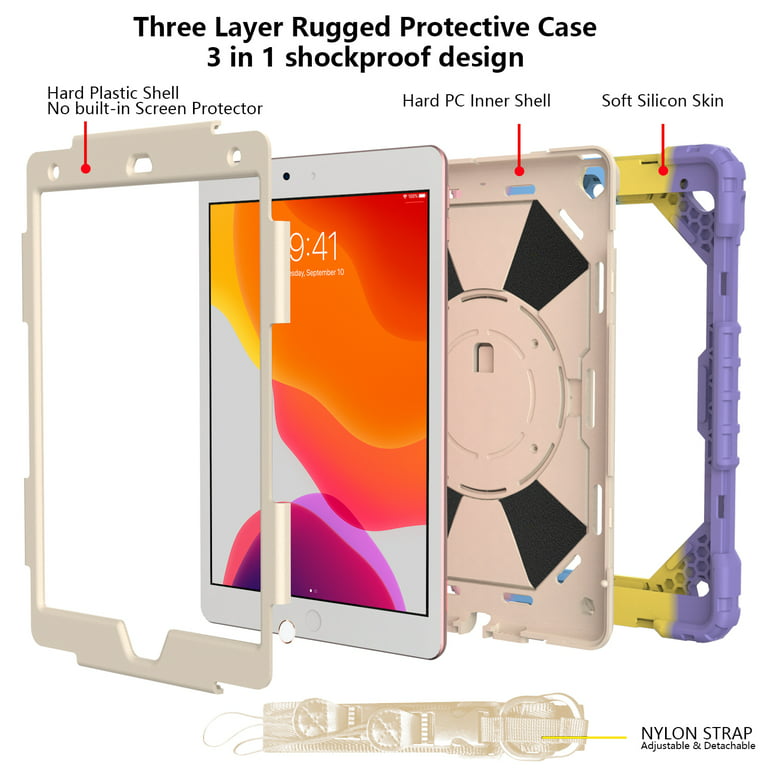 Case for 10.2-inch iPad 9th Generation 2021, Kids Shockproof Rugged Hybrid  360 Rotating Stand Cover with Hand Shoulder Strap/Pencil Holder 