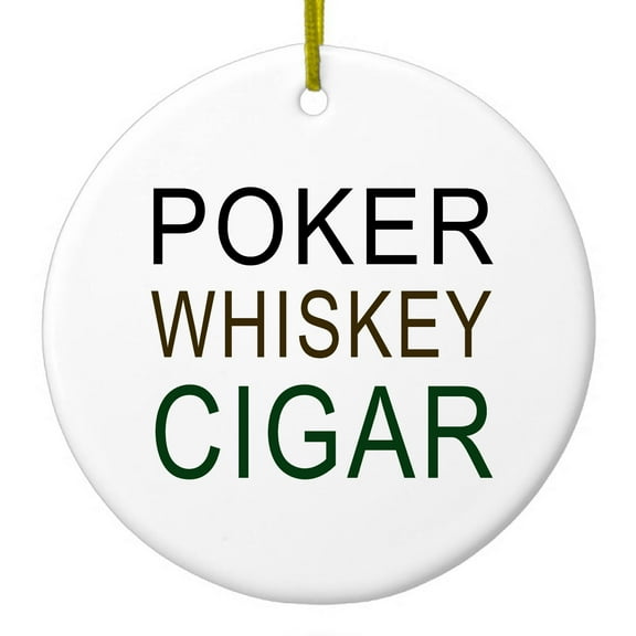 DistinctInk Hanging Ceramic Christmass Tree Ornament with Gold String - Great Gift / Present - 2 3/4 inch diameter - Poker Whiskey Cigar