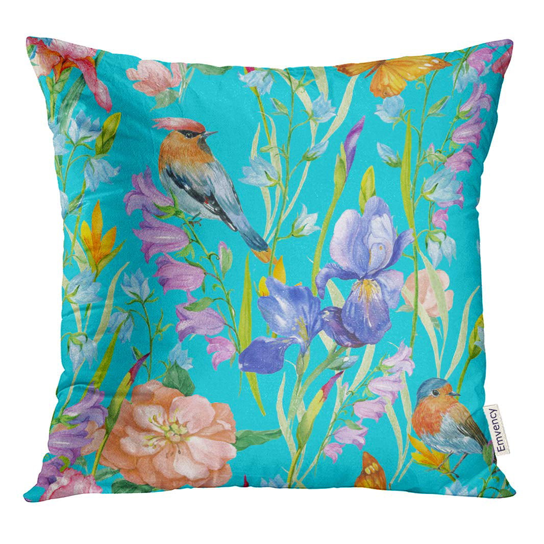 Multicolor Flowers and Butterflies Pretty White and Blue Iris Flowers and Buttefiies Throw Pillow 18x18 