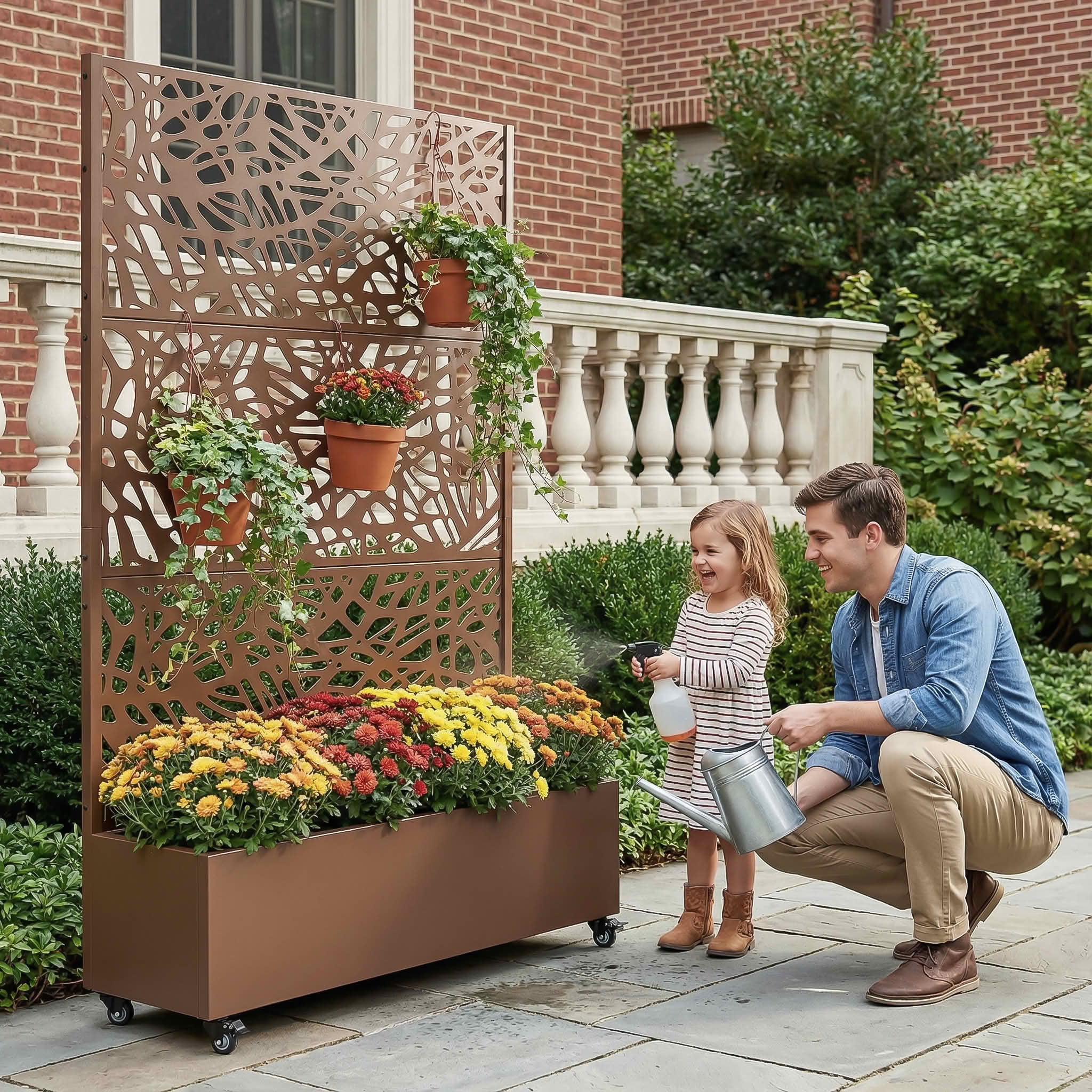 MAYEERTY 72X47" Metal Outdoor Brown Privacy Screen with Planter Box for Backyard & Garden, 3 Piece Set