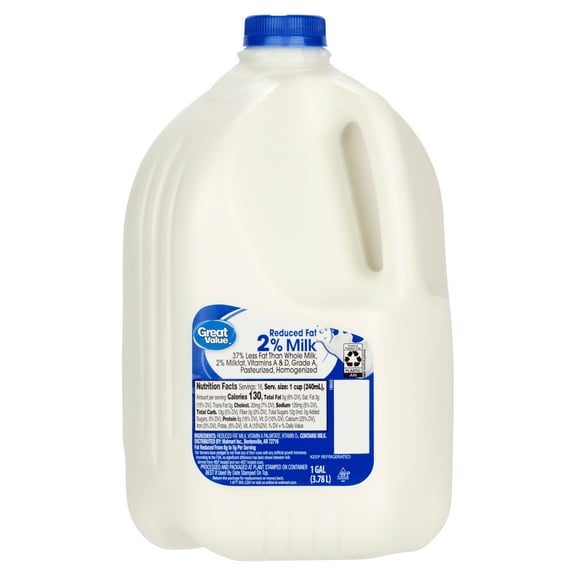 Great Value Milk 2% Reduced Fat Gallon Plastic Jug
