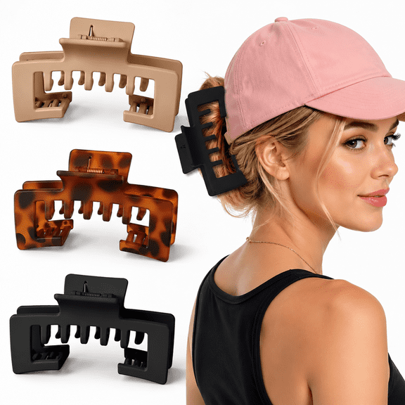 3 Pcs Large Hat Claw Clips for Women, Non-Slip Strong Hold Hat Hair Clips for Baseball Cap & Hats, Tortoise Shell Adjustable Clips Fit Thick Thin Hair - Fashion Accessories Gift