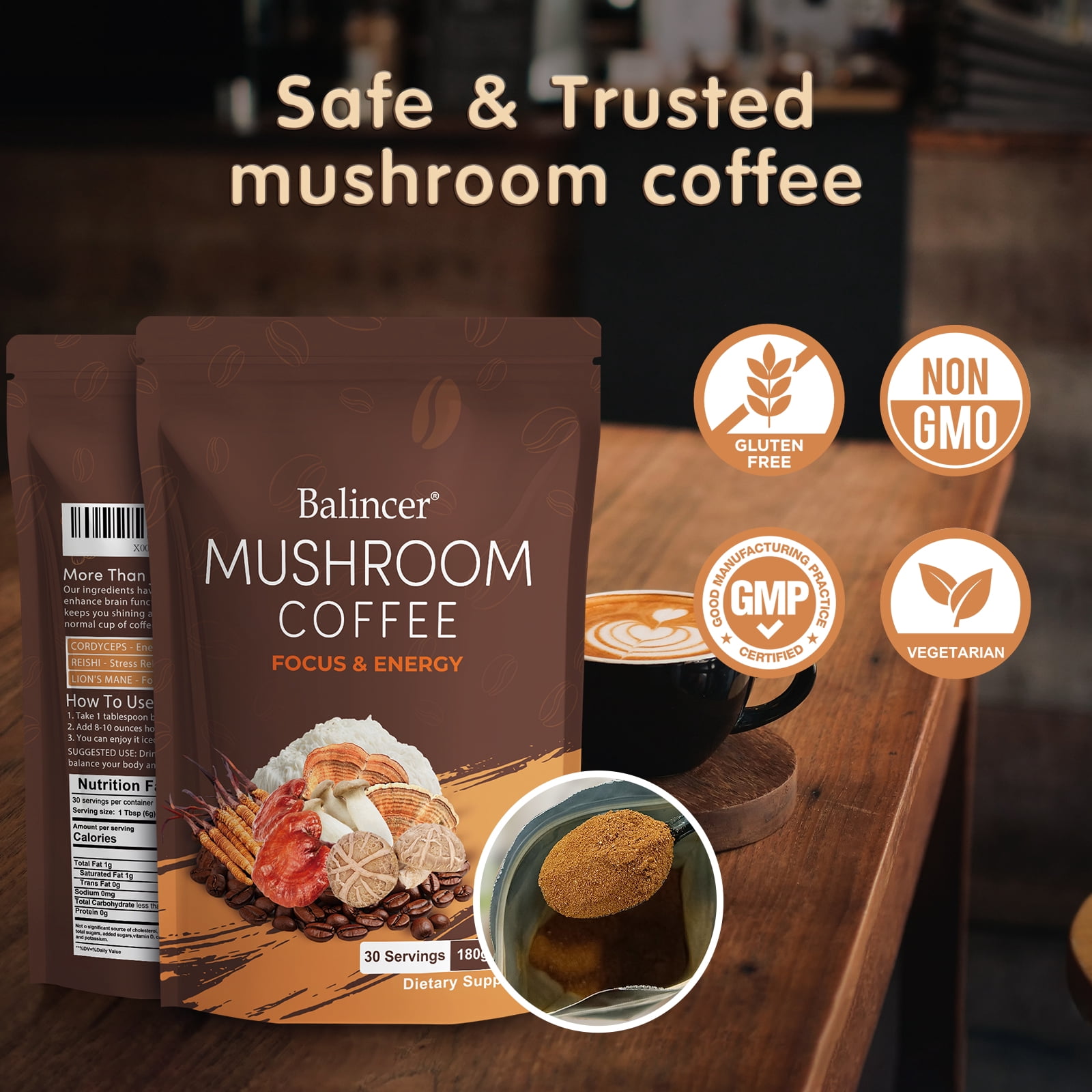 Balincer Mushroom Coffee, 6 Adaptogenic Mushrooms, Instant Mushroom Coffee for Focus, Energy, Immune & Digestion Support,Herbal Supplements