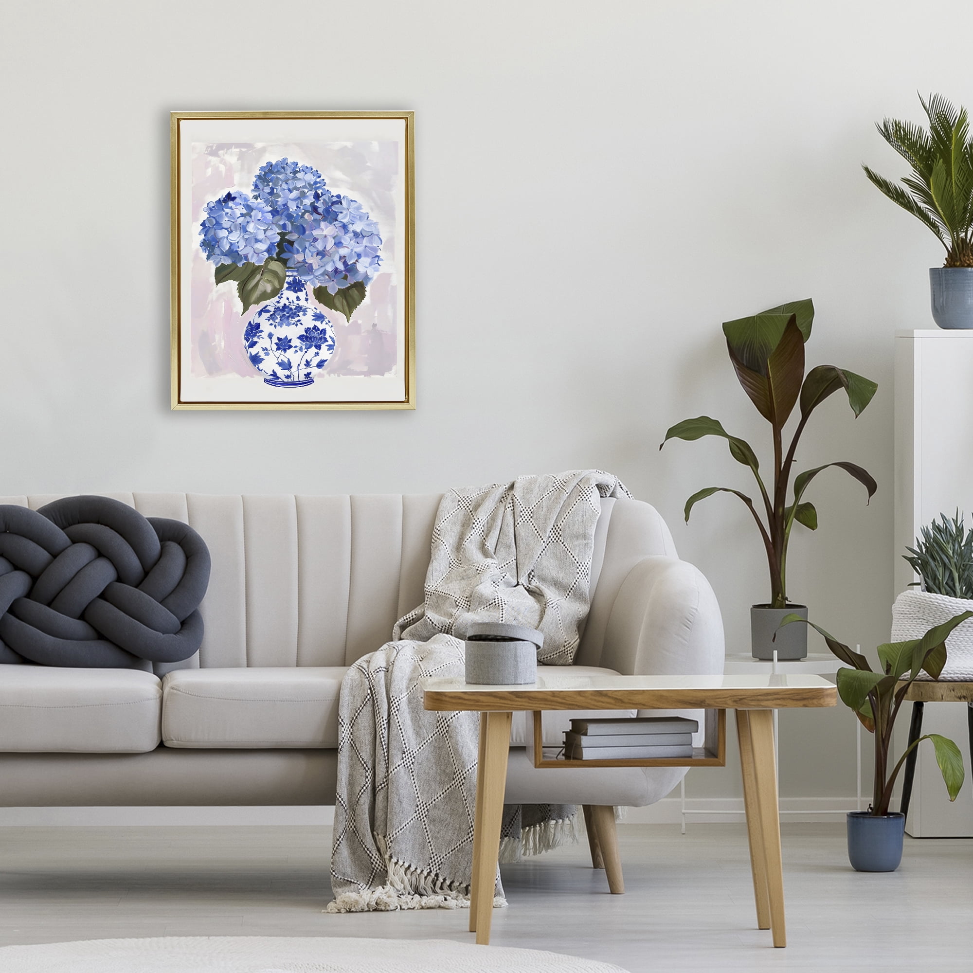 Stupell Industries Blue Hydrangea in Porcelain Vase Gold Framed Floater Canvas Wall Art, design by The Prints Vibe