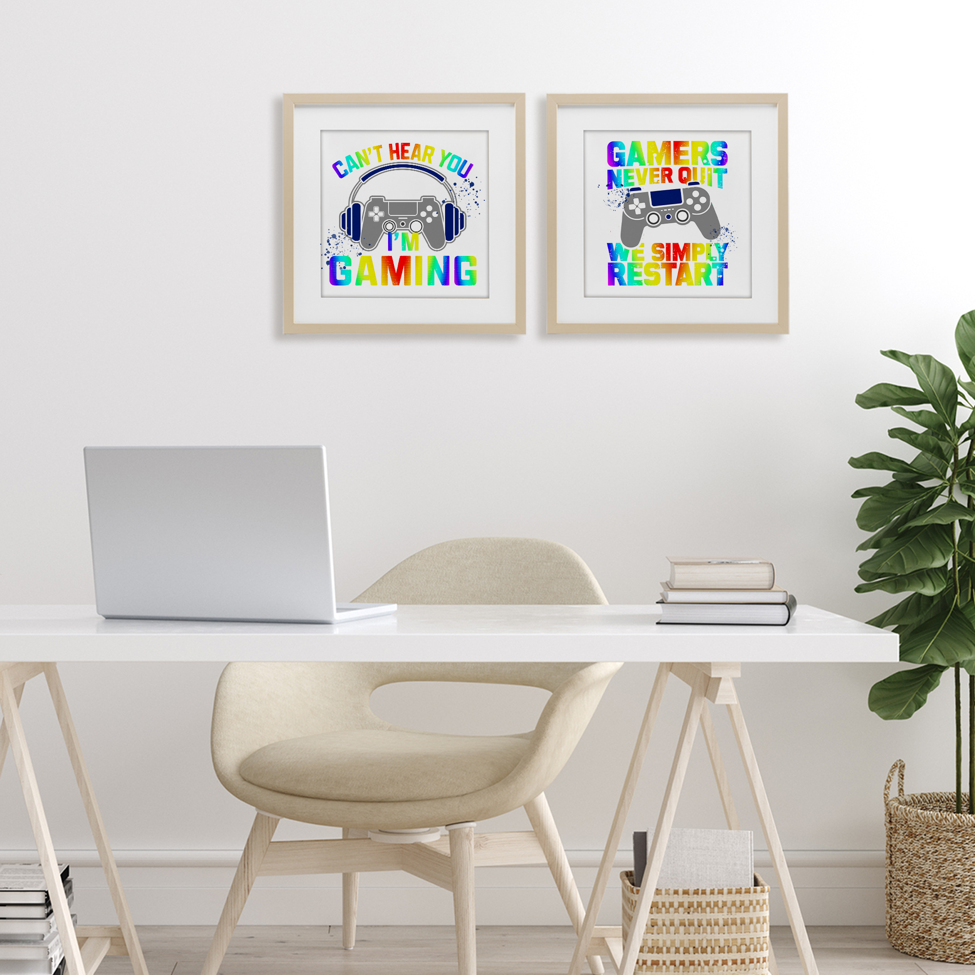 Rainbow Retro Gaming Phrases 2 Piece Birch Framed Print Under Glass Set, design by Kim Allen