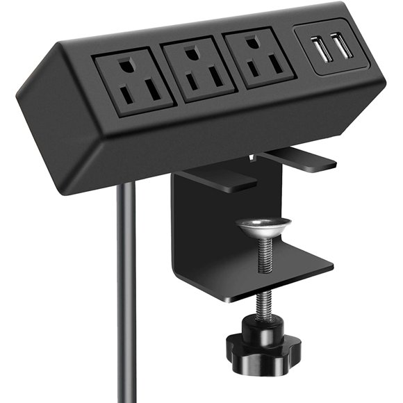Biwat-3 Outlet Desk Clamp Power Strip, Desk Mount USB Charging Power Station, Removable Desktop Power Center Plugs Output 125V/60HZ/12A/1500W, USB 5V/2.1A 6.56FT Cable