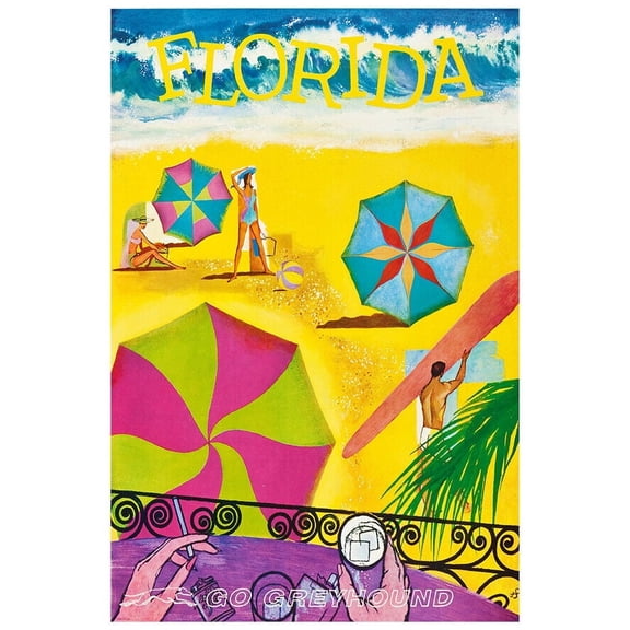 Florida - Beach - Greyhound Bus Line - 1960s Vintage US Travel Poster (8x12Inches(US/CANOnly))