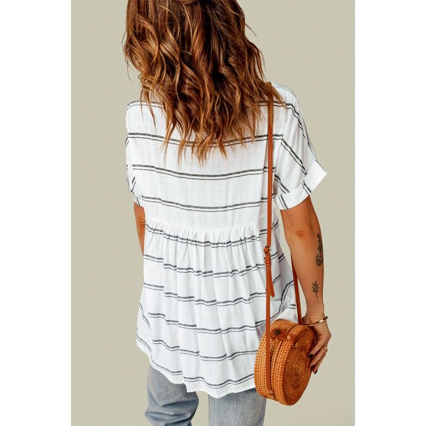 ABPHQTO Camisa suelta de manga corta con cuello en V y estampado a rayas para mujer con aberturas