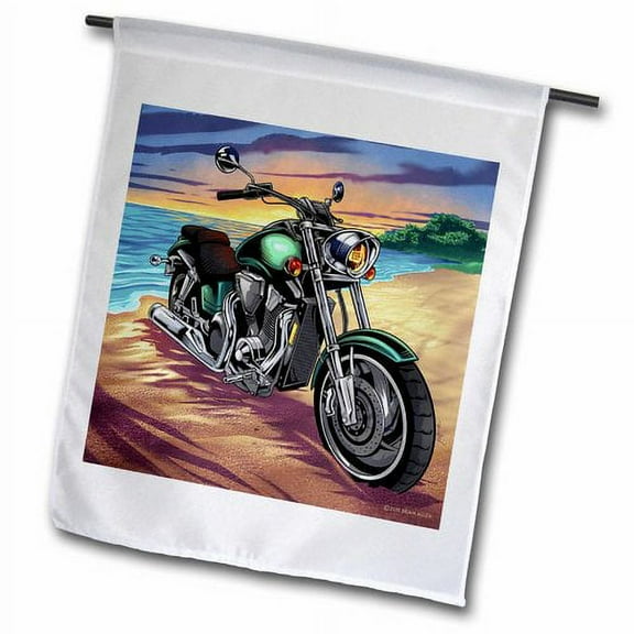 3dRose, Motorcycle parked on the beach at sunset, 12 x 18 inch Garden Flag