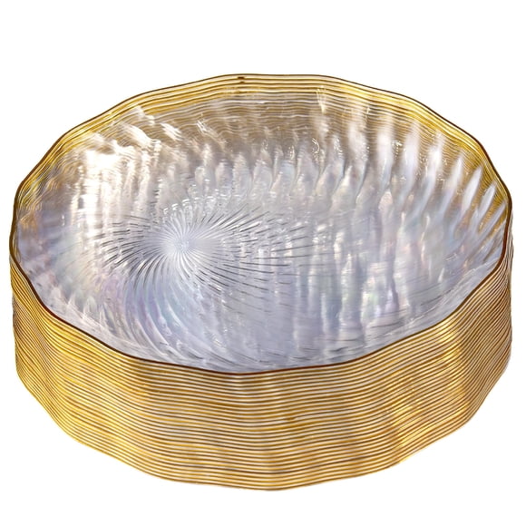 PLASTICPRO Lot de 30 Assiettes en Plastique Élégantes 10 Pouces Transparentes avec Bord Doré Motif en Spirale Assiettes Jetables en Plastique pour le Souper